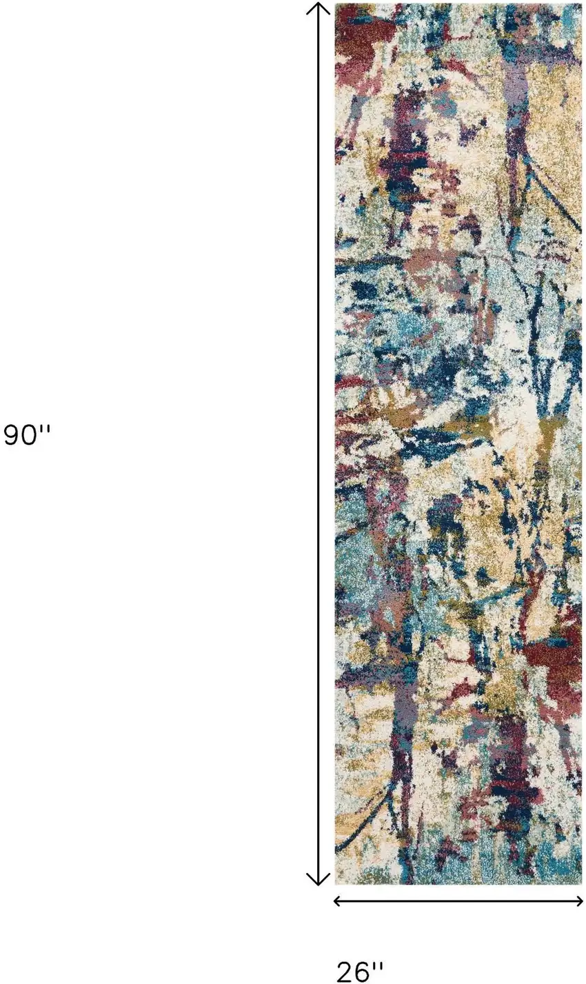 8' Cream Blue and Green Abstract Distressed Runner Rug Photo 3