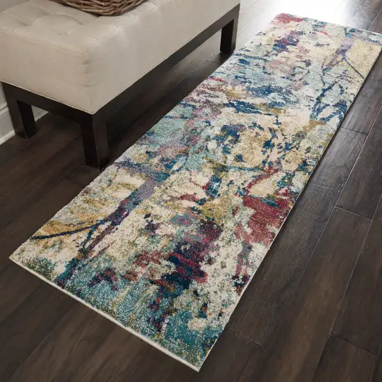 8' Cream Blue and Green Abstract Distressed Runner Rug Photo 4