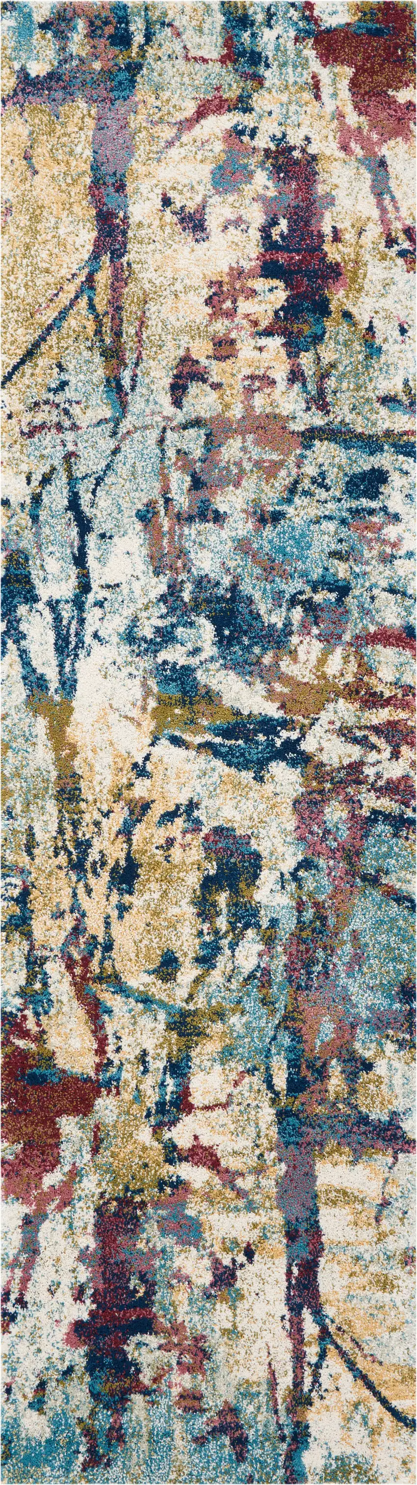 8' Cream Blue and Green Abstract Distressed Runner Rug Photo 3