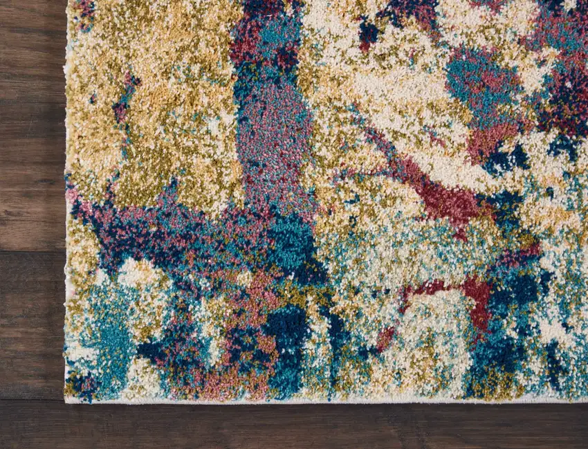 8' Cream Blue and Green Abstract Distressed Runner Rug Photo 9