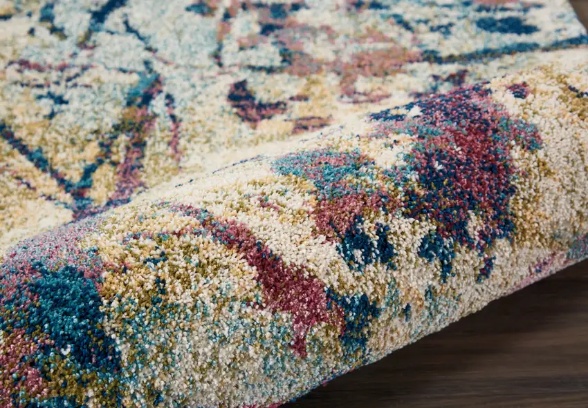 8' Cream Blue and Green Abstract Distressed Runner Rug Photo 7