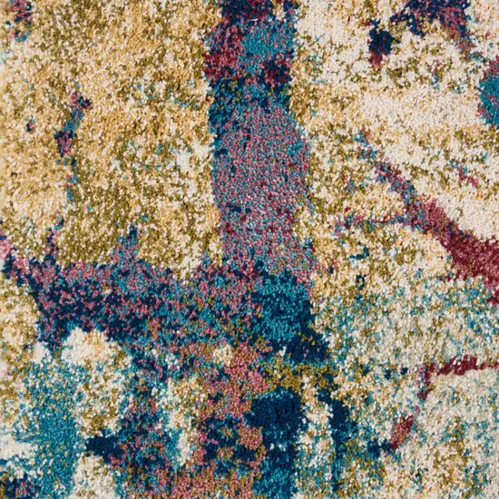 8' Cream Blue and Green Abstract Distressed Runner Rug Photo 9
