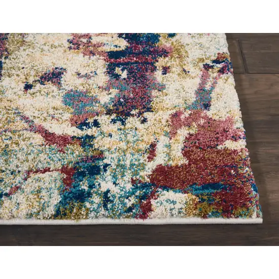 8' Cream Blue and Green Abstract Distressed Runner Rug Photo 8