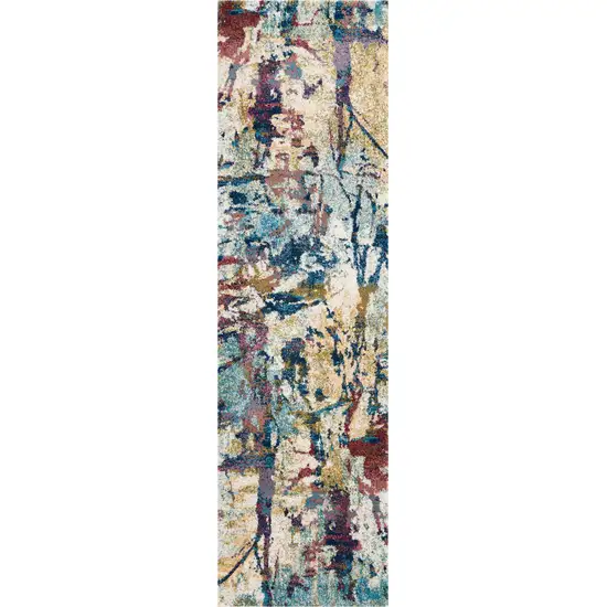 8' Cream Blue and Green Abstract Distressed Runner Rug Photo 2