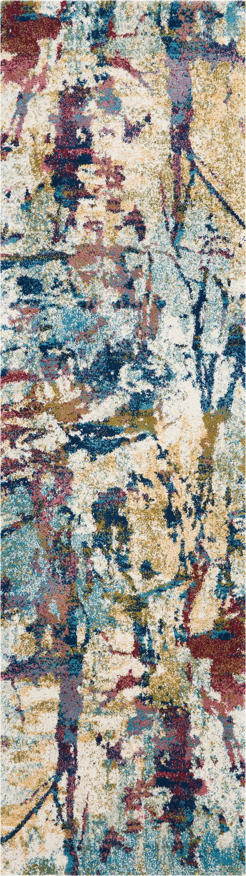 8' Cream Blue and Green Abstract Distressed Runner Rug Photo 2