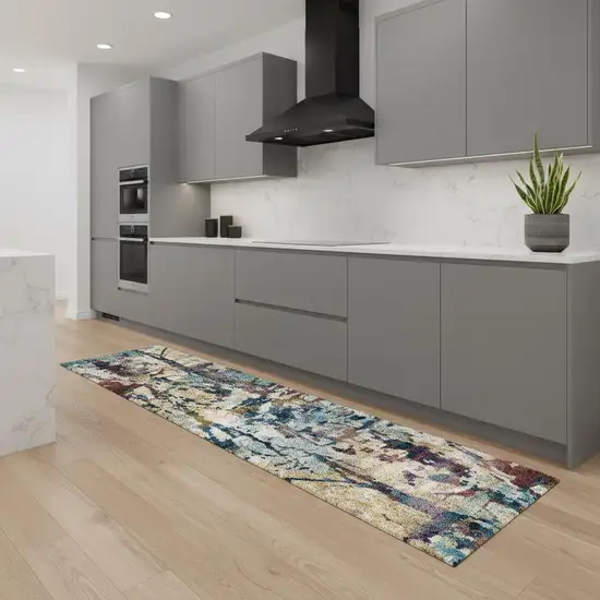 8' Cream Blue and Green Abstract Distressed Runner Rug Photo 1