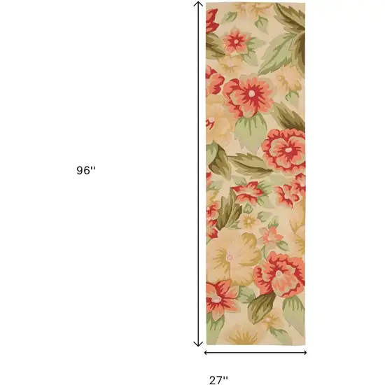 8' Cream Botanical Leaves Hand Carved Handmade Runner Rug Photo 3