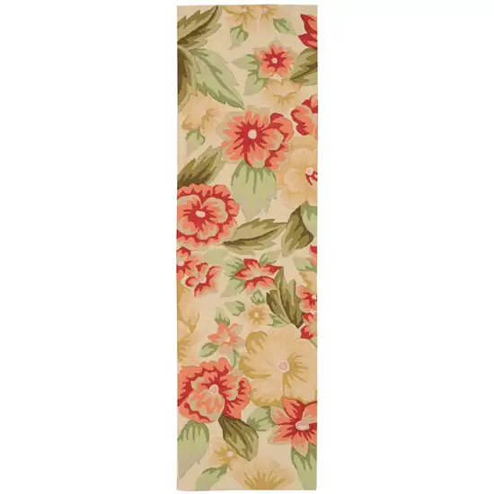 8' Cream Botanical Leaves Hand Carved Handmade Runner Rug Photo 4