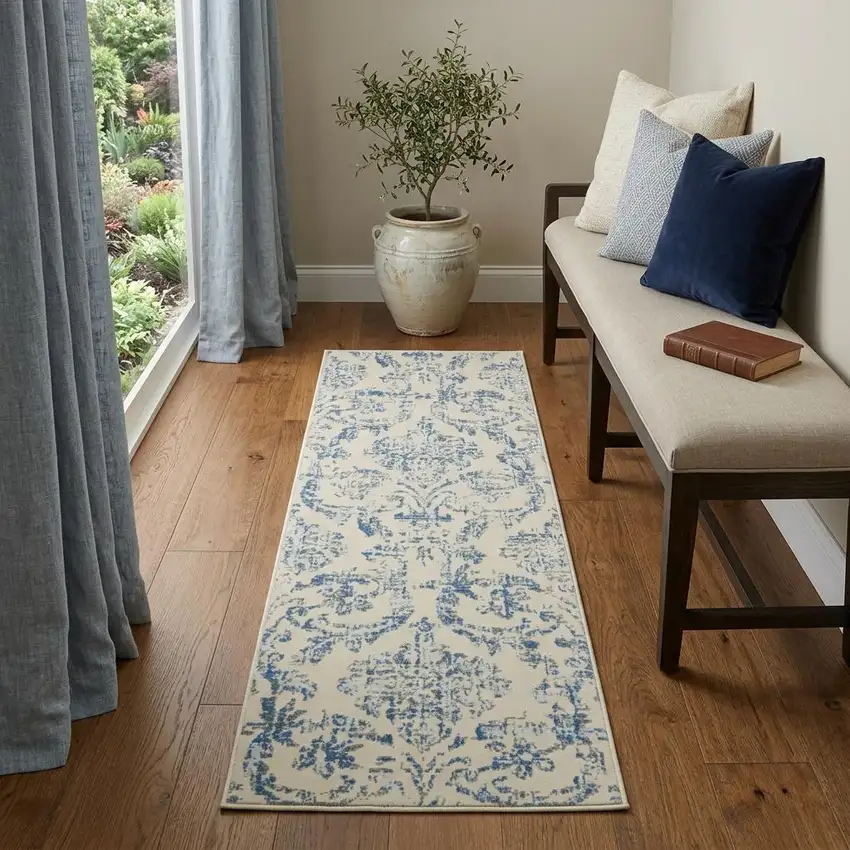 7' Cream Damask Power Loom Runner Rug Photo 1