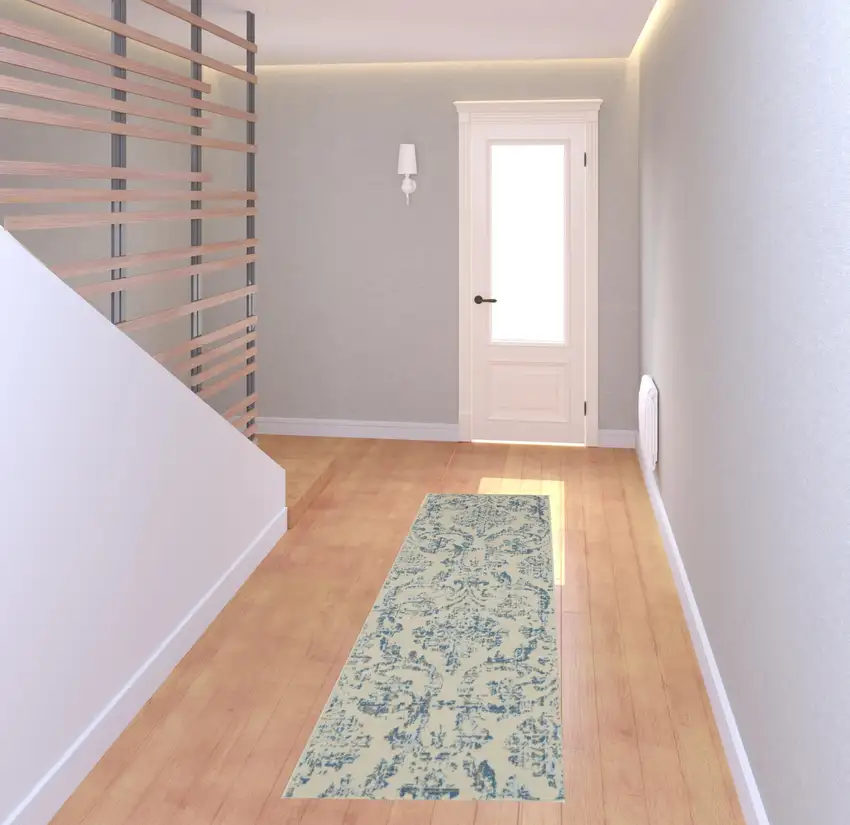 7' Cream Damask Power Loom Runner Rug Photo 2