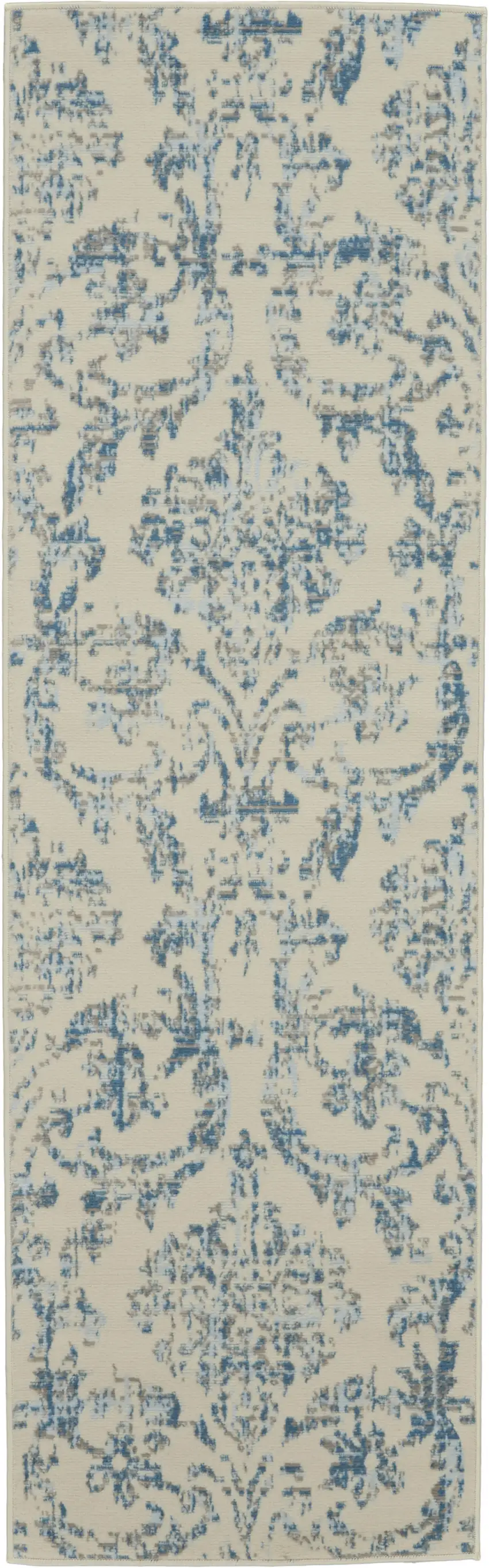 7' Cream Damask Power Loom Runner Rug Photo 2