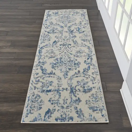7' Cream Damask Power Loom Runner Rug Photo 8