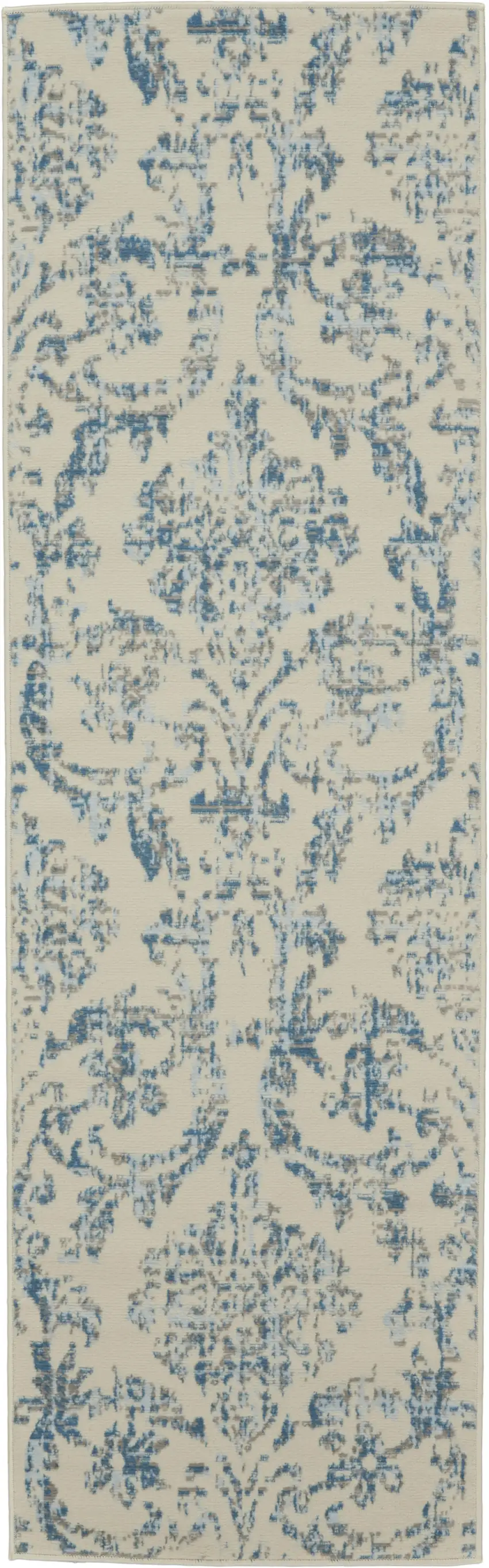 7' Cream Damask Power Loom Runner Rug Photo 4