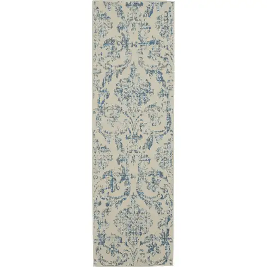 7' Cream Damask Power Loom Runner Rug Photo 9