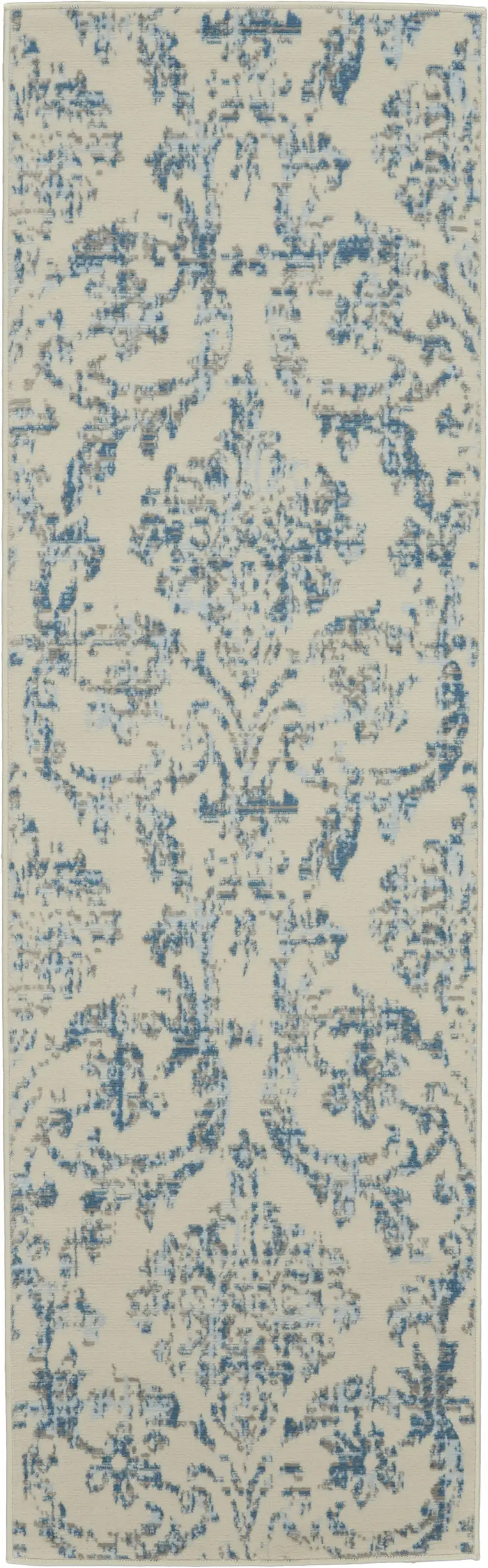 7' Cream Damask Power Loom Runner Rug Photo 9
