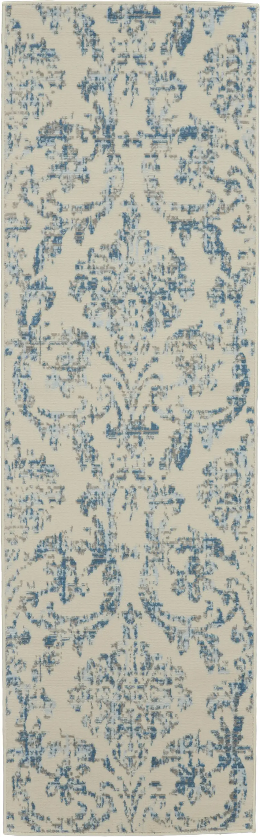 7' Cream Damask Power Loom Runner Rug Photo 1