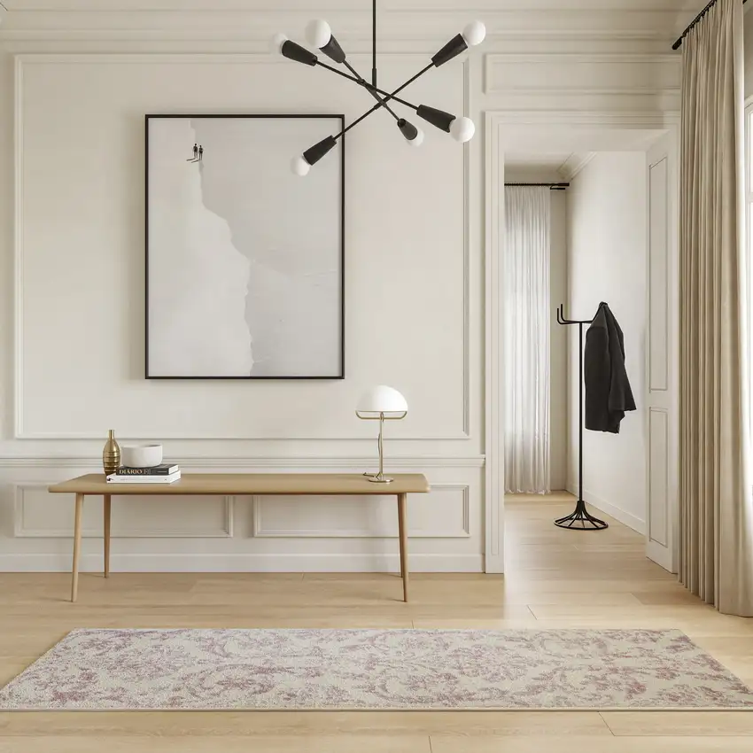 7' Cream Damask Power Loom Runner Rug Photo 5