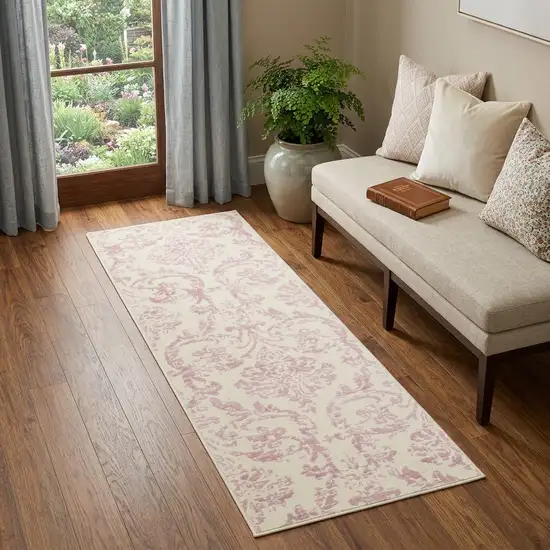 7' Cream Damask Power Loom Runner Rug Photo 1