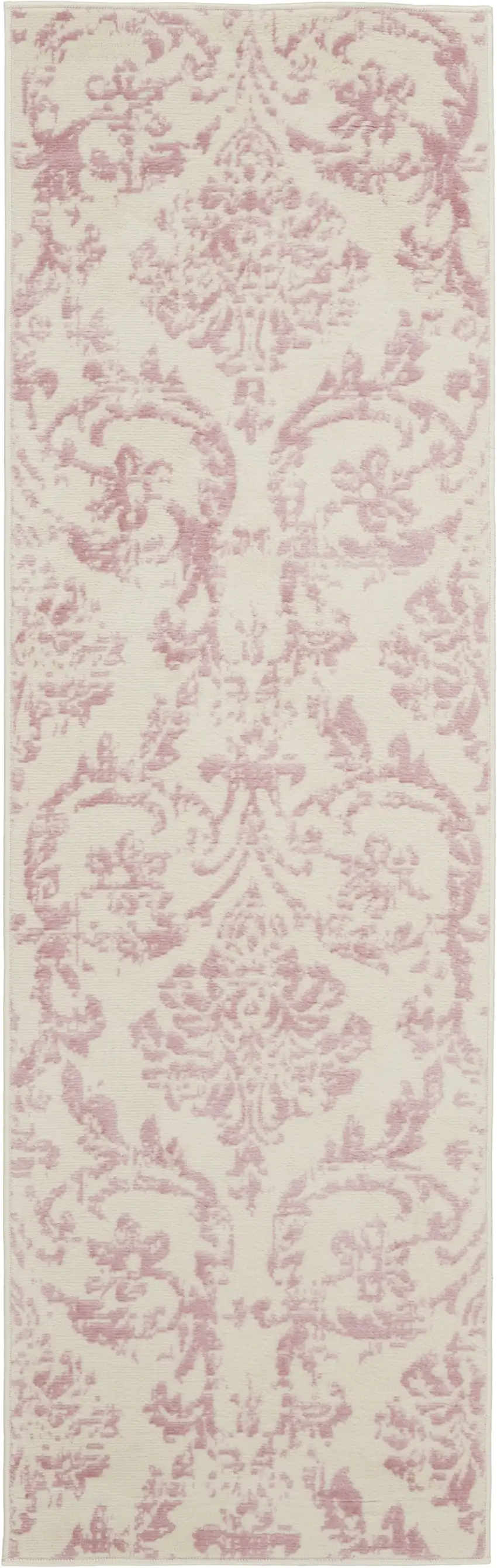 7' Cream Damask Power Loom Runner Rug Photo 2