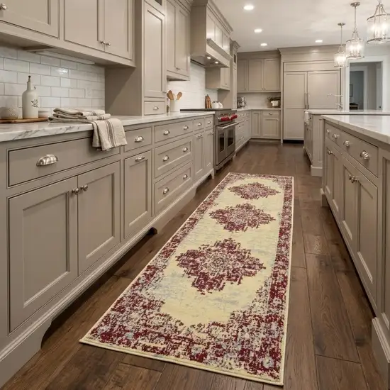 8' Cream Damask Power Loom Runner Rug Photo 1