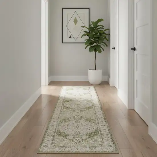 10' Cream Floral Distressed Runner Rug Photo 1