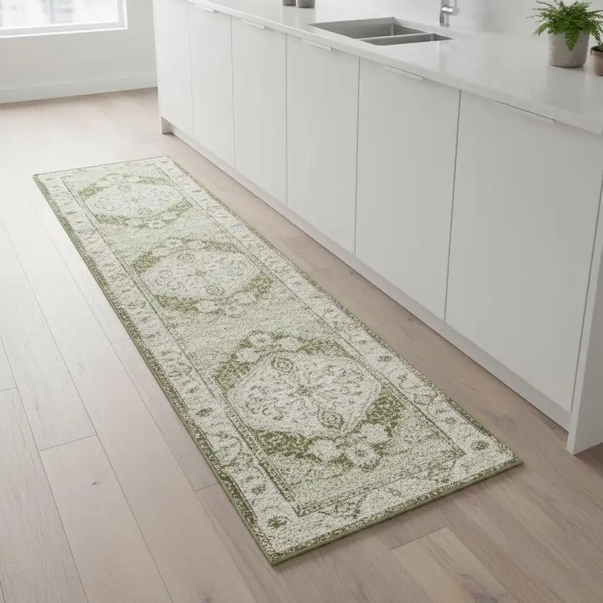 8' Cream Floral Distressed Runner Rug Photo 1