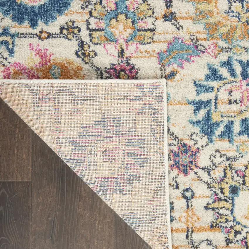 6' Cream Floral Power Loom Runner Rug Photo 9