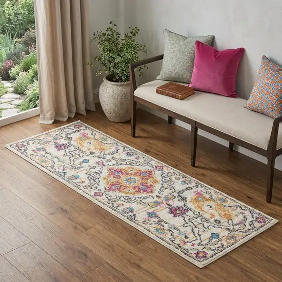 6' Cream Floral Power Loom Runner Rug Photo 1