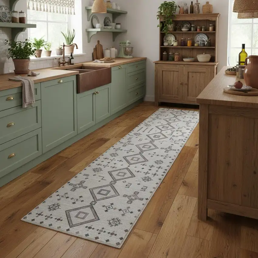 8' Cream Geometric Distressed Washable Runner Rug Photo 1