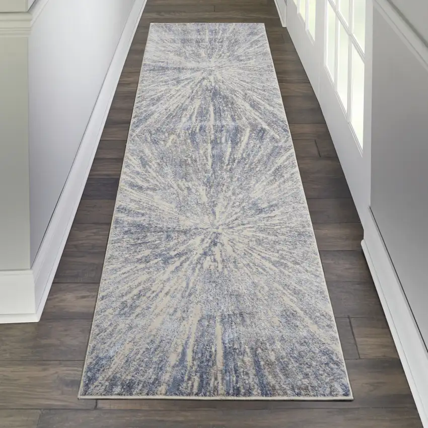 8' Cream Gray And Blue Abstract Non Skid Runner Rug Photo 5