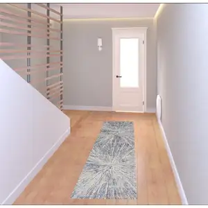 Photo of 8' Cream Gray And Blue Abstract Non Skid Runner Rug