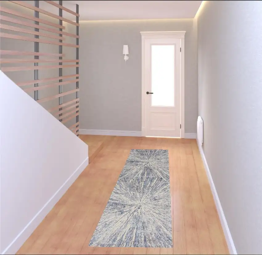 8' Cream Gray And Blue Abstract Non Skid Runner Rug Photo 1
