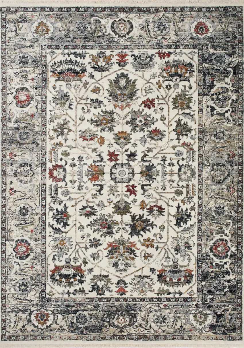 8' Cream Gray And Red Floral Medallion Runner Rug Photo 2
