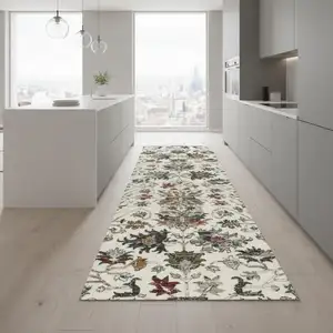 Photo of 8' Cream Gray And Red Floral Medallion Runner Rug
