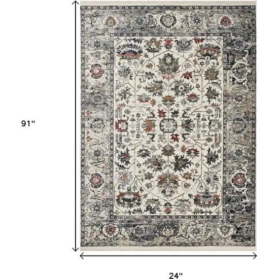 8' Cream Gray And Red Floral Medallion Runner Rug Photo 3
