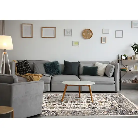 8' Cream Gray And Red Floral Medallion Runner Rug Photo 5