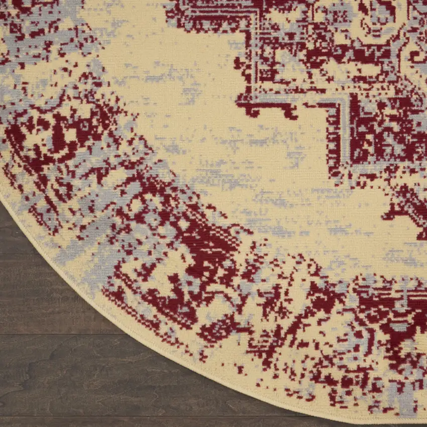 5' Cream Gray and Red Medallion Distressed Non Skid Round Rug Photo 4