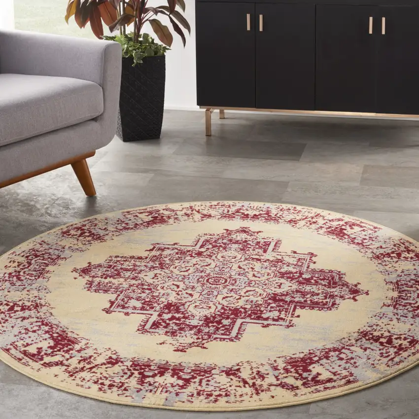 5' Cream Gray and Red Medallion Distressed Non Skid Round Rug Photo 5