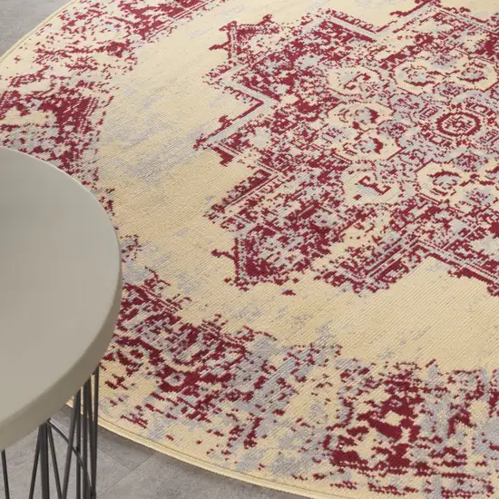 5' Cream Gray and Red Medallion Distressed Non Skid Round Rug Photo 6