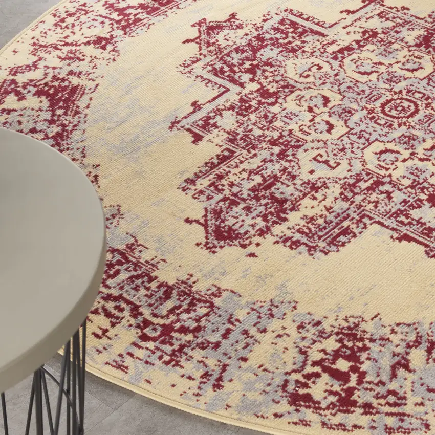 5' Cream Gray and Red Medallion Distressed Non Skid Round Rug Photo 6
