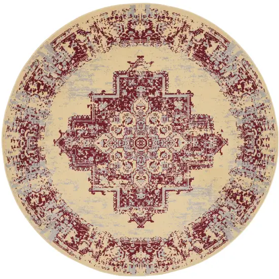 5' Cream Gray and Red Medallion Distressed Non Skid Round Rug Photo 4