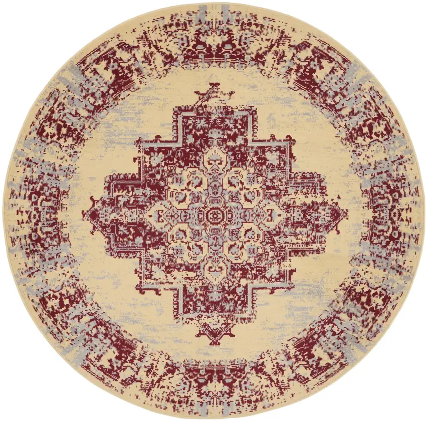5' Cream Gray and Red Medallion Distressed Non Skid Round Rug Photo 4