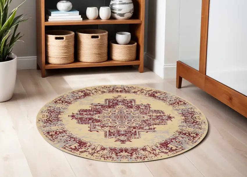 5' Cream Gray and Red Medallion Distressed Non Skid Round Rug Photo 1