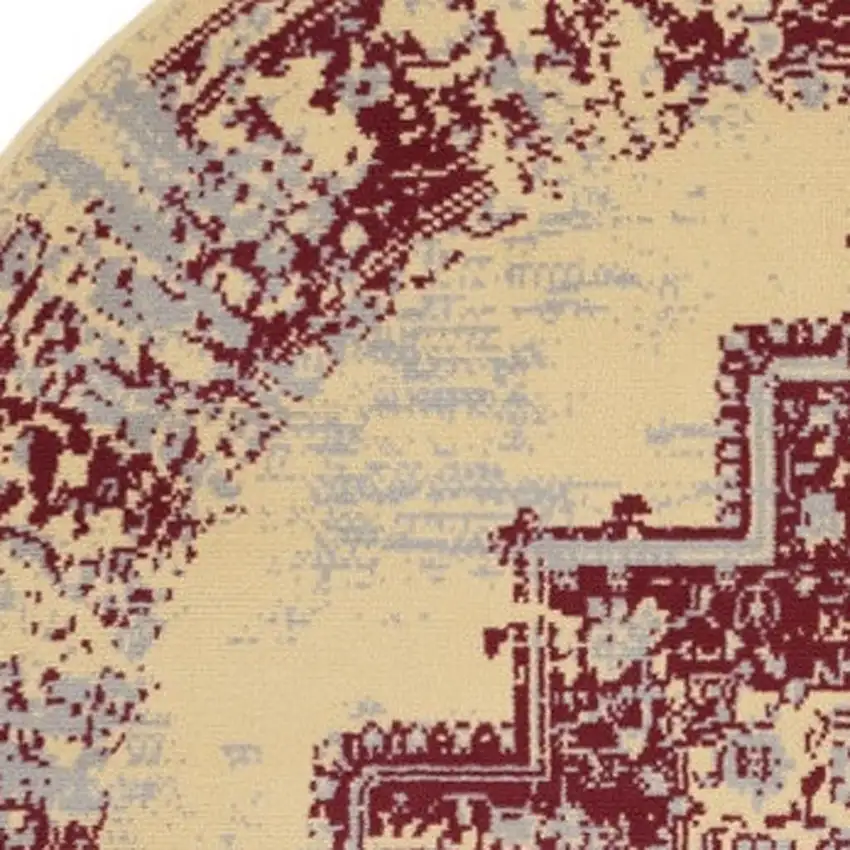 5' Cream Gray and Red Medallion Distressed Non Skid Round Rug Photo 3