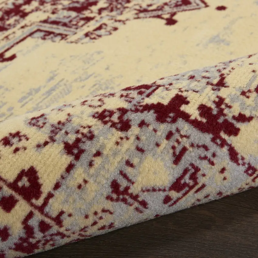 5' Cream Gray and Red Medallion Distressed Non Skid Round Rug Photo 9