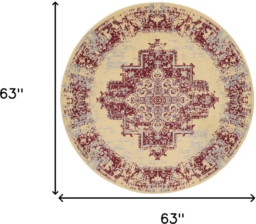 5' Cream Gray and Red Medallion Distressed Non Skid Round Rug Photo 3