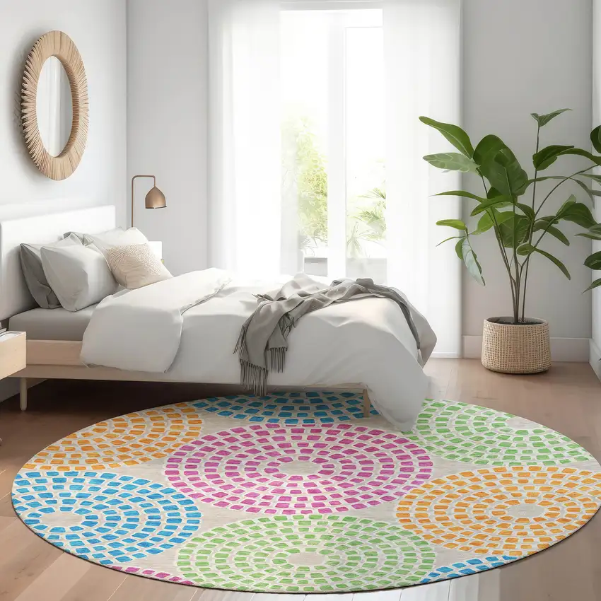 8' Cream Green And Blue Geometric Washable Round Rug With UV Protection Photo 5