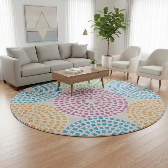 8' Cream Green And Blue Geometric Washable Round Rug With UV Protection Photo 2