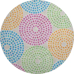 Photo of 8' Cream Green And Blue Geometric Washable Round Rug With UV Protection