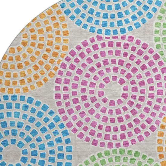 8' Cream Green And Blue Geometric Washable Round Rug With UV Protection Photo 3